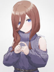 Rule 34 | 1girl, blue eyes, brown hair, fingers together, go-toubun no hanayome, hair between eyes, highres, long hair, looking at viewer, nakano miku, simple background, smile, solo, sweater, turtleneck, turtleneck sweater, upper body, utakise315, white background