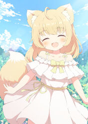 Rule 34 | 1girl, animal ears, blonde hair, blue sky, bow, closed eyes, dress, fang, fox ears, fox tail, highres, open mouth, original, outdoors, ribbon, skin fang, sky, smile, tail, tyomimas, variant set, white dress, yellow bow, yellow ribbon