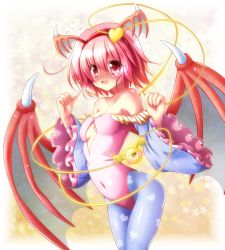 Rule 34 | 1girl, bare shoulders, blue pantyhose, blush, breasts, center opening, cosplay, covered navel, cowboy shot, demon wings, detached sleeves, flying sweatdrops, full-face blush, hairband, heart, heart print, highres, komeiji satori, leotard, lilith aensland, lilith aensland (cosplay), osashin (osada), pantyhose, pink eyes, pink hair, print pantyhose, short hair, small breasts, solo, star (symbol), third eye, touhou, vampire (game), wings