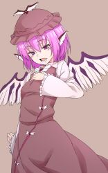 Rule 34 | 1girl, bird wings, brown background, brown dress, commentary, dress, highres, kakone, long sleeves, mystia lorelei, one-hour drawing challenge, open mouth, pink hair, short hair, simple background, solo, touhou, white wings, wings