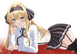 1girl absurdres black_hairband black_skirt black_socks blonde_hair blue_eyes blush butterfly_hair_ornament closed_mouth collared_shirt female_focus hair_ornament hairband hand_up highres lihanna_owenzaus long_hair long_sleeves looking_at_viewer lying sakurano_miki school_uniform shirt simple_background skirt smile socks solo suspenders thighhighs tsue_to_tsurugi_no_wistoria very_long_hair white_background white_shirt