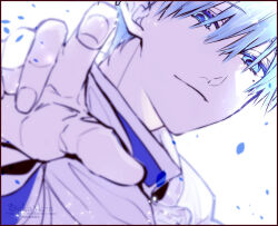 Rule 34 | 1boy, aka mikan, blue eyes, blue hair, blue shirt, closed mouth, commentary request, foreshortening, hair between eyes, himmel (sousou no frieren), looking at viewer, male focus, mole, mole under eye, monochrome, portrait, reaching, reaching towards viewer, shirt, short hair, smile, solo, sousou no frieren, white background