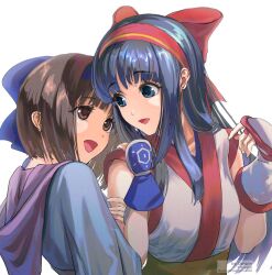 2girls ainu_clothes arm_hug blue_eyes blue_hair breasts brown_eyes brown_hair dargain_x fingerless_gloves gloves hair_ribbon highres medium_breasts multiple_girls nakoruru open_mouth ribbon rimururu samurai_spirits short_hair siblings sisters smile snk tongue