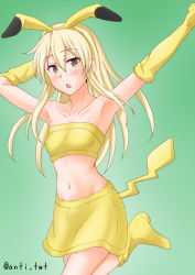 Rule 34 | 1girl, anti (untea9), bandeau, blonde hair, boots, commentary request, cosplay, cowboy shot, creatures (company), elbow gloves, game freak, gen 1 pokemon, gloves, gradient background, green background, grey eyes, highres, kantai collection, long hair, looking at viewer, midriff, miniskirt, nintendo, pikachu, pikachu (cosplay), pikachu costume, pikachu ears, pikachu tail, pokemon, pokemon ears, pokemon tail, shimakaze (kancolle), skirt, solo, tail, triangle mouth, twitter username, yellow bandeau, yellow footwear, yellow gloves, yellow skirt