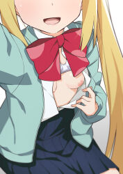 Rule 34 | 1girl, blonde hair, blue jacket, blue skirt, bocchi the rock!, bow, bra, bra lift, breast focus, breasts, female focus, head out of frame, highres, ijichi nijika, jacket, long hair, morisobo, nipples, one breast out, open mouth, red bow, shirt, simple background, skirt, small breasts, solo, underwear, white background, white bra, white shirt