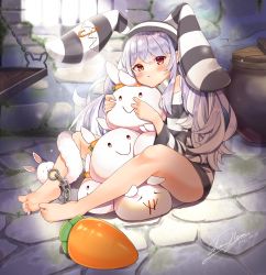 Rule 34 | 1girl, animal ears, ball and chain restraint, barefoot, barred window, blue hair, carrot, collar, dated, don-chan (usada pekora), highres, hololive, hug, indoors, long hair, looking at viewer, multicolored hair, orange eyes, pekomon (usada pekora), pout, prison cell, prison clothes, rabbit ears, rabbit girl, safety pin, shasminnyan, short eyebrows, signature, soles, stone floor, thick eyebrows, twintails, two-tone hair, usada pekora, usada pekora (prisoner), virtual youtuber, white hair