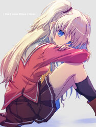 Rule 34 | 1girl, akayama yukihe, backlighting, black socks, blue eyes, blush, bow, brown footwear, brown skirt, charlotte (anime), commentary request, covered mouth, crossed arms, english text, eyelashes, eyes visible through hair, feet out of frame, from side, grey hair, hair between eyes, highres, hoshinoumi academy school uniform, kneehighs, knees up, leaning forward, long hair, long sleeves, looking at viewer, miniskirt, pleated skirt, red shirt, sailor collar, school uniform, shirt, sitting, skirt, socks, solo, tomori nao, two side up, wavy hair, white sailor collar, yellow bow