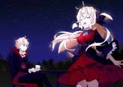 Rule 34 | 1boy, 1girl, antenna hair, black neckwear, blonde hair, blush, bow, brother and sister, chair, closed eyes, closed mouth, commission, crossed legs, cup, dress, fang, fingernails, gem, gloves, hair between eyes, highres, holding, holding cup, holding plate, long hair, nail polish, night, night sky, open mouth, original, outdoors, patterned, patterned clothing, pixiv commission, plate, pointy ears, purple bow, red dress, red eyes, red nails, siblings, sitting, sky, slit pupils, star (sky), starry sky, table, teacup, teeth, tongue, tree, usalxlusa, vampire, white gloves, wide sleeves