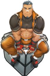 Rule 34 | 1boy, abs, bag, bara, belt, biceps, black eyes, black hair, bulge, buzz cut, crop top, cube, facial hair, gloves, grey hair, gyee, highres, jack (gyee), jacket, looking at viewer, male focus, manly, mizuki gai, muscular, muscular male, navel, official art, open clothes, open jacket, pants, pectoral cleavage, pectorals, shoes, short hair, sitting, smile, solo, stubble, thick arms, thick thighs, thighs, transparent background, unzipped, very short hair