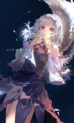 Rule 34 | 1girl, absurdres, arms up, artist name, black background, bow, bowtie, chinese commentary, commentary request, cropped legs, crossed fingers, dated, dress, expressionless, finger to mouth, highres, jacket, kishin sagume, leaning to the side, ling mou, long sleeves, looking at viewer, open clothes, open jacket, purple dress, red bow, red bowtie, red eyes, short hair, silver hair, simple background, single wing, solo, standing, touhou, white jacket, wings, x fingers