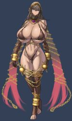 Rule 34 | 1girl, absurdres, anklet, bikini, black bikini, blue eyes, breasts, brown hair, chain, chained, choker, cleavage, crown, curvy, dark skin, elbow gloves, fate/grand order, fate (series), frown, gloves, gold, gold chain, highleg, highleg panties, highres, huge breasts, jewelry, multicolored hair, panties, pink hair, simple background, swimsuit, tan, thick thighs, thighhighs, thighs, underwear, wide hips, wolffeld price, zenobia (fate)