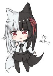 Rule 34 | 1girl, alice mana, alice mana channel, animal ears, bailingxiao jiu, black bow, black hair, black pantyhose, black skirt, blush, bow, chestnut mouth, chibi, collared shirt, dated, full body, hair ribbon, long sleeves, multicolored hair, multiple tails, no shoes, pantyhose, parted lips, pleated skirt, red eyes, red ribbon, ribbon, shirt, signature, silver hair, simple background, skirt, solo, standing, tail, two-tone hair, two tails, virtual youtuber, white background, white shirt