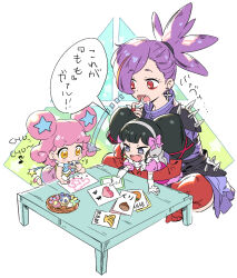 Rule 34 | :d, armor, arrow (symbol), banana, black hair, bow, bugcchu (pri chan), chestnut, child&#039;s drawing, commentary request, cross, cross earrings, double bun, dress, drooling, earrings, eating, eyeliner, fangs, food, fruit, gaaruru (pripara), gloves, grey eyes, hair bow, hair bun, headphones, highres, jewelry, kiracchu (pri chan), kiratto pri chan, long hair, mouth drool, multicolored hair, murakami hisashi, musical note, open mouth, peach, pink bow, pink dress, pink hair, pointing, ponytail, pretty series, pripara, puffy short sleeves, puffy sleeves, purple hair, red eyeliner, red eyes, red gloves, red hair, short sleeves, shoulder armor, sitting, sitting on lap, sitting on person, smile, speech bubble, spikes, star-shaped pupils, star (symbol), streaked hair, symbol-shaped pupils, table, translation request, twintails, white gloves, yellow eyes