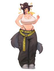 Rule 34 | 1girl, abs, absurdres, animal ears, bra, breasts, brown hair, cleavage, covered erect nipples, curvy, dog ears, dog girl, dog tail, fang, full body, haru feng, highres, huge breasts, navel, open mouth, original, shoes, smile, sneakers, solo, standing, tail, thick thighs, thighs, toned, underwear, white background, white bra, white footwear, wide hips, yellow eyes