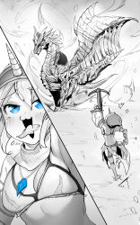 Rule 34 | 1girl, absurdres, armor, blue eyes, bowgun, detached sleeves, dragon, elbow gloves, fur trim, gloves, hairband, highres, horns, jewelry, kirin (armor), kushala daora, midriff, monster, monster hunter (series), navel, necklace, niwarhythm, tail, tongue, tongue out, wings