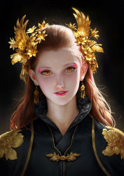 Rule 34 | 1girl, brown eyes, brown hair, commentary, earrings, eyelashes, forehead, gold, highres, jewelry, lips, long hair, looking at viewer, makeup, mascara, nose, original, parted lips, pink lips, smile, solo, teeth, upper body, wenfei ye