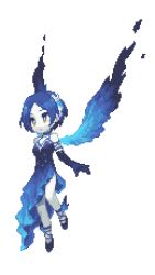 Rule 34 | 1girl, asymmetrical clothes, bare legs, bare shoulders, blue dress, blue hair, blue theme, blue wings, brown eyes, choker, commentary, dress, elbow gloves, expressionless, feathered wings, floating, full body, gloves, halterneck, hayami kanade, idolmaster, idolmaster cinderella girls, long dress, lowres, naname (fossama1), pale skin, parted bangs, pixel art, short hair, simple background, solo, transparent background, white background, wings