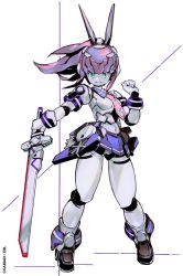 Rule 34 | 1girl, clenched hand, green eyes, highres, holding, holding sword, holding weapon, humanoid robot, jnt, looking at viewer, mechanical skirt, robot, robot neoanthropinae polynian, school uniform, serafuku, solo, sword, weapon, yume (polynian)