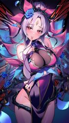 Rule 34 | 1girl, arm under breasts, bare shoulders, breasts, bridal gauntlets, butterfly wings, cleavage cutout, clothing cutout, detached sleeves, facial mark, fairy wings, finger to mouth, fire emblem, fire emblem heroes, flower, forehead mark, grey hair, groin, hair flower, hair ornament, highres, insect wings, kainown, large breasts, long hair, looking at viewer, multicolored wings, nintendo, official alternate costume, parted bangs, plant hair, plumeria (fire emblem), plumeria (rapturous dream) (fire emblem), ponytail, red eyes, seductive smile, smile, solo, very long hair, wings