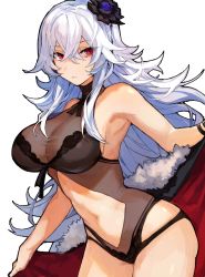 Rule 34 | 1girl, armpits, azur lane, bare shoulders, black flower, black one-piece swimsuit, breasts, cape, cleavage, closed mouth, flower, fur-trimmed cape, fur trim, graf zeppelin (azur lane), graf zeppelin (beachside urd) (azur lane), hair between eyes, hair flower, hair ornament, highres, large breasts, long hair, looking at viewer, mephisto (angraecum), navel, one-piece swimsuit, red cape, red eyes, swimsuit, thighs, very long hair, white background, white hair