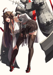 Rule 34 | 1girl, antenna hair, black skirt, boots, breasts, brown hair, cannon, detached sleeves, double bun, full body, hair between eyes, hair bun, hairband, hand on leg, hand on own hip, headgear, high heels, highres, japanese clothes, kantai collection, kongou (kancolle), kongou kai ni (kancolle), large breasts, long hair, looking at viewer, machinery, nontraditional miko, open mouth, pleated skirt, purple eyes, ribbon-trimmed sleeves, ribbon trim, rigging, seven (shijima), simple background, skirt, smile, smokestack, solo, thigh boots, thighhighs, turret, white background