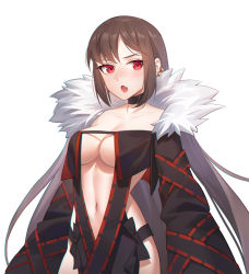 Rule 34 | 1girl, bare shoulders, black dress, black jacket, blush, breasts, brown hair, center opening, cleavage, collarbone, dress, earrings, fang, fate/grand order, fate (series), jacket, jewelry, long hair, long sleeves, looking at viewer, medium breasts, multiple earrings, off shoulder, open clothes, open jacket, open mouth, red eyes, revealing clothes, ribbon-trimmed dress, simple background, solo, very long hair, yaxiya, yu mei-ren (fate)