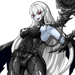 Rule 34 | black suit, chain, digimon, digimon (creature), from behind, hand on own hip, ladydevimon, pale skin, red eyes, sliver hair, suit, tongue, tongue out, torn clothes, white hair