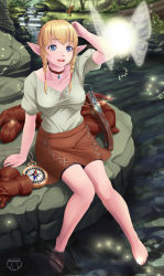 Rule 34 | 1girl, blonde hair, blue eyes, bow (weapon), braid, breasts, collarbone, compass, crossbow, full body, gloves, unworn gloves, grass, highres, hyrule warriors, jewelry, linkle, medium breasts, nature, necklace, nintendo, nuppa, outdoors, pointy ears, river, shirt, short sleeves, sitting, skirt, solo, the legend of zelda, twin braids, water, weapon