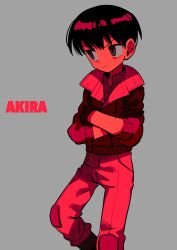 Rule 34 | 1boy, akira (manga), brown eyes, closed mouth, copyright name, crossed arms, feet out of frame, frown, gloves, grey background, highres, jacket, kaneda shoutarou (akira), knee pads, leather, leather jacket, looking to the side, male focus, menma (enaic31), monochrome, pants, red theme, short hair, solo