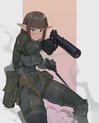 Rule 34 | 1girl, absurdres, blush, breasts, brown hair, commentary, commission, elf, english commentary, green eyes, gun, handgun, harness, highres, holding, holding knife, knee pads, knife, large breasts, looking at viewer, medium hair, open mouth, original, pilot suit, pointy ears, polilla, pouch, solo, suppressor, tactical clothes, thigh strap, weapon