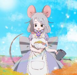 1girl animal_ears apron black_eyes blue_dress blue_sky bouquet brooch dress extra_ears flower grey_hair honey_possum_(kemono_friends) jewelry kemono_friends long_hair looking_at_viewer notora outdoors possum_ears possum_girl possum_tail ribbon sky solo tail watering_can