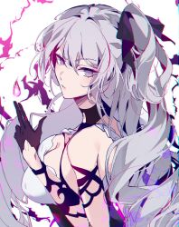 Rule 34 | 1girl, aer007580, bare shoulders, black gloves, breasts, bronya zaychik, bronya zaychik (silverwing: n-ex), cleavage, closed mouth, dress, drill hair, finger gun, gloves, grey eyes, grey hair, hair between eyes, happy birthday, highres, honkai (series), honkai impact 3rd, large breasts, long hair, solo, upper body, v-shaped eyebrows, white background, white dress