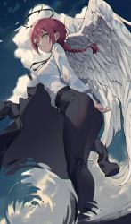 Rule 34 | 1girl, angel wings, arm behind back, bankongping, belt, black halo, black jacket, black pants, blonde hair, blouse, braid, breasts, chainsaw man, closed mouth, cloud, commentary, dark halo, from below, full body, halo, jacket, large breasts, legs together, long hair, looking at viewer, makima (chainsaw man), pants, shirt, sitting, sky, smile, solo, standing, water, waving, white shirt, white wings, wings