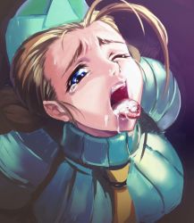 Rule 34 | 1girl, ahoge, antenna hair, bad id, bad pixiv id, blonde hair, blue eyes, cammy white, capcom, cum, cum in mouth, cum on tongue, face, facial, garrison cap, hat, kira keita, lips, necktie, oral invitation, simple background, solo, street fighter, tears, tongue, tongue out, turtleneck