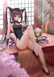 Rule 34 | 1girl, blue eyes, blurry, blurry foreground, breasts, china dress, chinese clothes, cleavage, dress, fate/grand order, fate (series), flower, hair rings, highres, long hair, lychee, medium breasts, purple hair, sitting, smile, solo, thighs, twintails, twitter username, window, yang guifei (fate), yang guifei (second ascension) (fate), youshuu