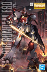 Rule 34 | bandai, beam saber, box art, cable, character name, f90 gundam, fire, glowing, glowing eyes, gun, gundam, gundam f90, highres, holding, holding gun, holding sword, holding weapon, logo, mecha, mobile suit, no humans, official art, orange eyes, robot, rx-78-2, science fiction, solo, sword, weapon