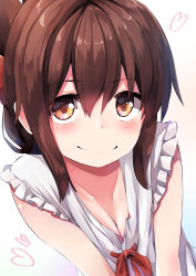Rule 34 | 1girl, brown eyes, brown hair, commentary request, dress, folded ponytail, frilled dress, frills, hair between eyes, highres, inazuma (kancolle), kantai collection, long hair, looking at viewer, simple background, sleeveless, sleeveless dress, smile, solo, split mouth, taisho (gumiyuki), upper body, white background, white dress