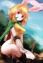 Rule 34 | 1girl, animal ears, animal hands, bad id, bad pixiv id, bare legs, blonde hair, blue sky, body fur, boots, bracelet, breasts, brown footwear, carrot (one piece), cloak, commentary request, day, dress, full body, furry, furry female, indian style, jewelry, kekekejima, large breasts, looking at viewer, medium hair, no panties, one piece, rabbit ears, rabbit girl, rabbit tail, red eyes, side slit, sitting, sky, snout, solo, tabard, tail, white fur, yellow dress