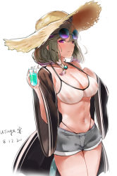 Rule 34 | 1girl, arknights, bad id, bad pixiv id, bare shoulders, bikini, black jacket, breasts, commentary request, cowboy shot, cup, dated, drinking glass, eyewear on head, female focus, grey hair, grey shorts, hair between eyes, hands up, hat, highres, holding, holding cup, jacket, large breasts, long sleeves, looking at viewer, navel, off shoulder, official alternate costume, open clothes, open jacket, purple eyes, scup, short hair, short shorts, shorts, simple background, smile, solo, standing, stomach, striped bikini, striped clothes, sun hat, sunglasses, swimsuit, swimsuit cover-up, thighs, utage (arknights), utage (summer flowers) (arknights), vertical-striped bikini, vertical-striped clothes, white background, wide sleeves