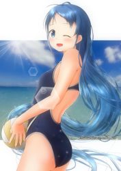 Rule 34 | 1girl, artist name, ball, blue eyes, blue hair, blue one-piece swimsuit, blush, cloud, cloudy sky, commentary request, competition swimsuit, floating hair, kantai collection, light rays, long hair, looking at viewer, looking to the side, mae (maesanpicture), ocean, one-piece swimsuit, one eye closed, open mouth, revision, samidare (kancolle), sky, solo, sun, sunbeam, sunlight, swept bangs, swimsuit, very long hair, volleyball, volleyball (object)