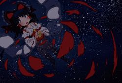 Rule 34 | 1girl, afloat, black hair, blush, bow, candy, detached sleeves, floating, food, hair bow, hair tubes, hakurei reimu, highres, jar, konpeitou, long hair, partially submerged, reflection, skirt, skirt set, sky, solo, sonson (eleven), star (sky), starry sky, touhou, water, wide sleeves