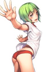 Rule 34 | 1girl, armpit peek, ass, back, blouse, blush, breasts, brown eyes, buruma, commentary request, from behind, from side, green hair, gym uniform, h kasei, looking at viewer, looking back, open mouth, original, outstretched arms, shirt, short hair, short sleeves, small breasts, smile, solo, spread arms, white shirt