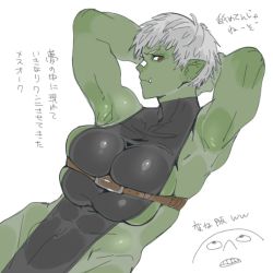 Rule 34 | 1girl, 1other, abs, armpits, arms behind head, arms up, bandaid, bandaid on face, bandaid on nose, closed mouth, collarbone, colored skin, covered abs, covered collarbone, covered navel, earrings, ettone, fang, fang out, female orc, green skin, grey hair, highres, jewelry, looking at viewer, muscular, muscular female, orc, original, pointy ears, red eyes, short hair, simple background, skindentation, solo focus, stud earrings, teeth, turtleneck, tusks, white background