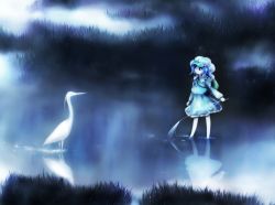 Rule 34 | 1girl, animal, backpack, bad id, bad pixiv id, bag, bird, blue eyes, blue hair, blue theme, branch, cabbie hat, cattail, crane (animal), dress, fog, frilled skirt, frills, fuonon, green hat, hair bobbles, hair ornament, hat, highres, kawashiro nitori, key, long sleeves, looking at another, matching hair/eyes, nature, partially submerged, plant, pocket, pond, reflection, scenery, short hair, short twintails, skirt, skirt set, solo, standing, stork, touhou, twintails, two side up, wading, water
