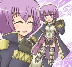 Rule 34 | 1girl, armor, armored boots, armored dress, book, boots, breastplate, chibi, cloak, closed eyes, fire emblem, fire emblem: new mystery of the emblem, fire emblem awakening, holding, holding book, katarina (fire emblem), multiple views, nintendo, projected inset, purple background, purple eyes, purple hair, reverse (bluefencer), short hair, smile, thighhighs