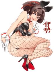 Rule 34 | 1girl, animal ears, black footwear, black leotard, bow, bowtie, breasts, brown eyes, brown hair, commentary request, covered erect nipples, detached collar, fishnet pantyhose, fishnets, full body, gloves, hair ribbon, half gloves, high heels, ise (kancolle), kantai collection, large breasts, leotard, pantyhose, playboy bunny, ponytail, rabbit ears, rabbit tail, red bow, red bowtie, ribbon, short hair, simple background, solo, tail, udukikosuke, white background, white gloves, wrist cuffs