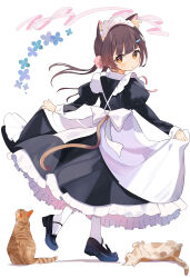 Rule 34 | 1girl, absurdres, animal ear fluff, animal ears, apron, back bow, black dress, black footwear, blue flower, bow, brown eyes, brown hair, cat, cat ears, cat girl, cat tail, closed mouth, commentary request, criss-cross back-straps, dress, expressionless, fish hair ornament, flower, frilled dress, frills, full body, hair ornament, highres, juliet sleeves, long sleeves, looking at viewer, looking back, low twintails, maid, maid apron, maid headdress, mary janes, original, pink ribbon, pom pom (clothes), pom pom hair ornament, puffy sleeves, ribbon, shadow, shishiodoshi, shoes, simple background, skirt hold, socks, standing, tail, twintails, white background, white bow, white socks