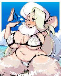 Rule 34 | 1girl, afterimage, arm behind head, armpits, artist name, belly, big hair, bikini, black bikini, blue eyes, blue nails, blush, border, breasts, breasts apart, closed mouth, creatures (company), earrings, feet out of frame, fur hat, game freak, green hair, grey hat, gym leader, half-closed eye, hand up, hat, highres, hot, jewelry, large breasts, legendofnerd, lips, long hair, mature female, melony (pokemon), motion lines, nail polish, navel, nintendo, one eye closed, outdoors, partially submerged, plump, pokemon, pokemon swsh, scarf, solo, spread legs, squatting, strap gap, swimsuit, thick eyebrows, thighs, water, wet, white bikini, white border, white hat, white scarf