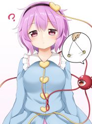 Rule 34 | 1girl, ?, black hairband, blue shirt, blush, buttons, closed mouth, coin, eyeball, frilled shirt collar, frills, gradient background, hair between eyes, hairband, heart, highres, hypnosis, komeiji satori, mind control, paid reward available, pink hair, red eyes, shirt, short hair, sleeves past fingers, sleeves past wrists, solo, suwa yasai, third eye, touhou, upper body