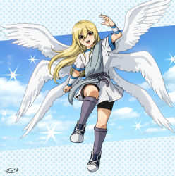 Rule 34 | 1boy, afuro terumi, angel wings, armband, bad id, bad pixiv id, bike shorts, blonde hair, cloud, day, full body, inazuma eleven, inazuma eleven (series), long hair, looking at viewer, male focus, mizuhara aki, multiple wings, open mouth, red eyes, seraph, sky, solo, wings, zeus (inazuma eleven)